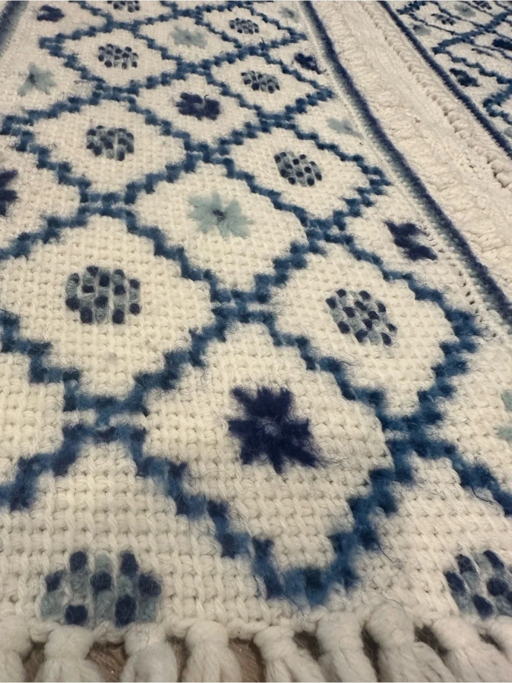 Handmade Cream and Blue Crochet Throw Blanket